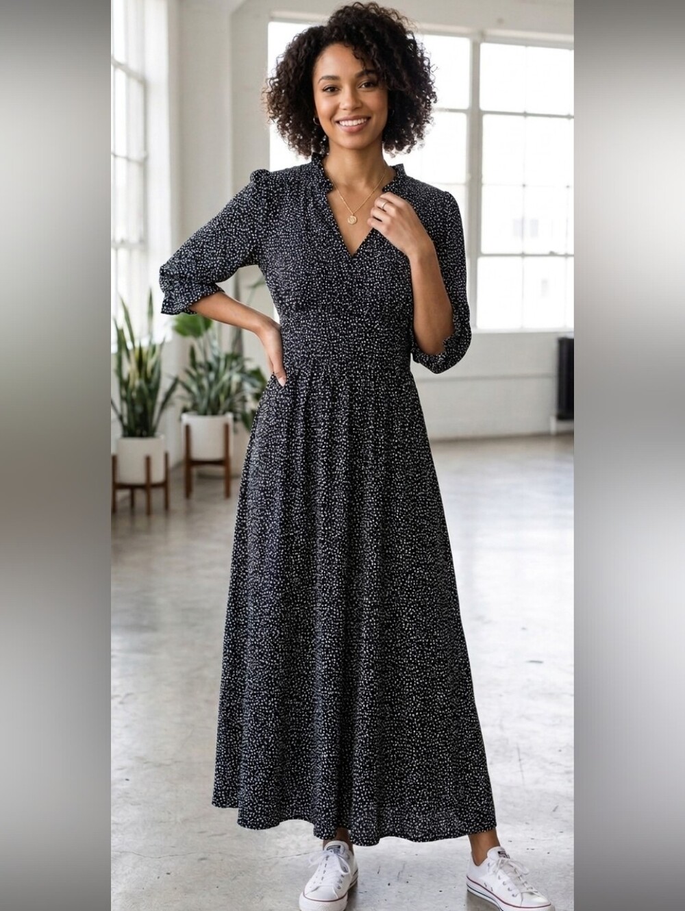 MELLODAY Black Dot-Print V-Neck Maxi Dress